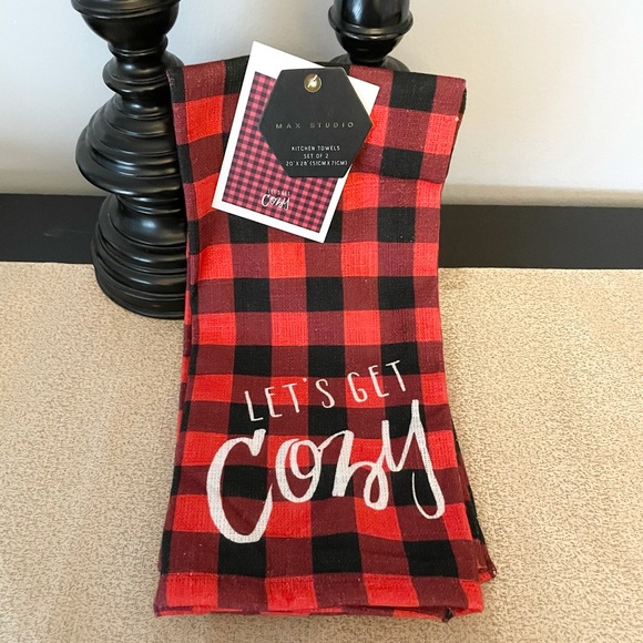 New Set of 2 LETS GET COZY Buffalo Plaid Kitchen Towels - Picture 4 of 4